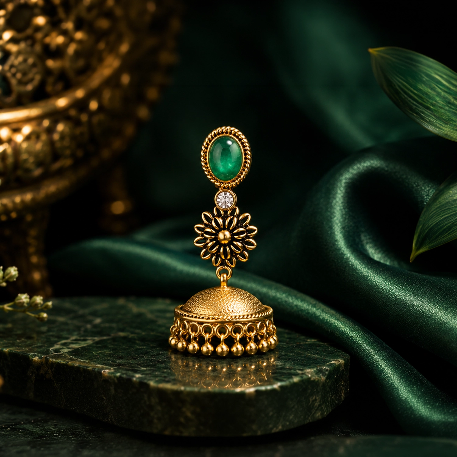 Emerald Floral Jhumka Earrings