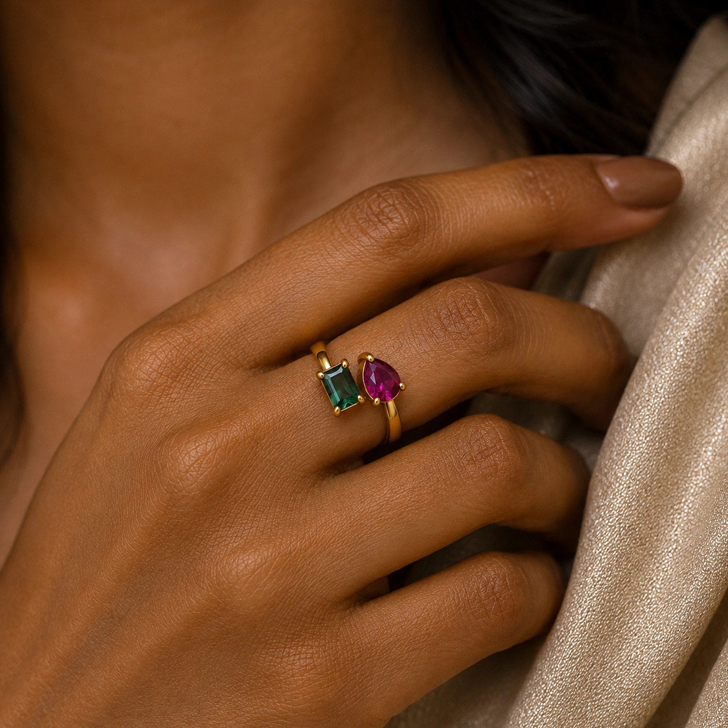 Dual Gem Open Ring